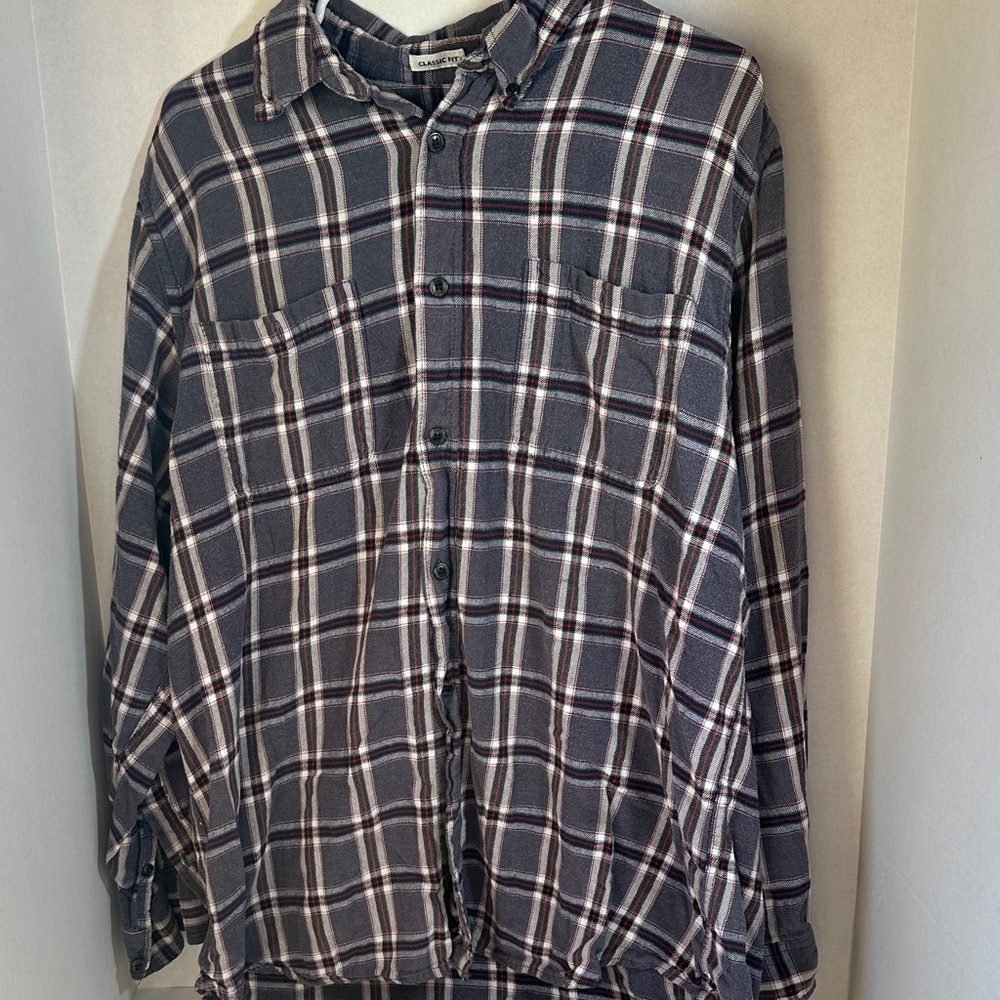 Basic editions classic fit gray plaid flannel button up shirt size XL tall